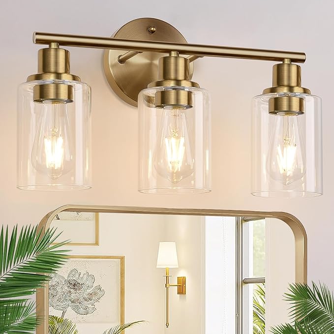 3-Light Bathroom Light Fixtures, Brushed Brass Bathroom Wall Lights with Clear Glass Shade, Modern Bathroom Wall Lamp for Mirror Kitchen Living Room Hallway Cabinet