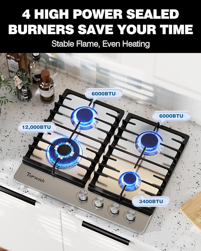 24 Inch Gas Cooktop, Propane Stove Top with 4 ITALY SABAF Sealed Burners 27,400 BTU, NG/LPG Convertible Built-in Stainless Steel Stovetop with Thermocouple Protection for Rvs Kitchen Outdoor