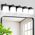 5-Light Black Bathroom Light Fixtures, E26 Base Vanity Lights for Bathroom Mirror Lamp with Milky White Square Glass Shade, Modern Wall Sconce Light Kitchen Light Fixtures Led Vanity