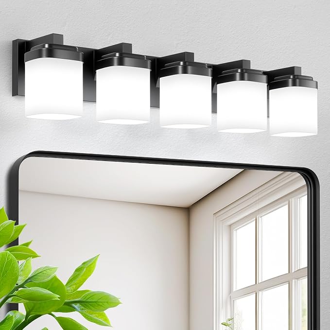 5-Light Black Bathroom Light Fixtures, E26 Base Vanity Lights for Bathroom Mirror Lamp with Milky White Square Glass Shade, Modern Wall Sconce Light Kitchen Light Fixtures Led Vanity
