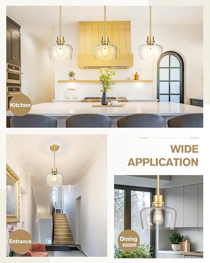 Emak 8 Inch Pendant Lights Kitchen Island, 2 Pack Gold Pendant Light Fixtures with Clear Glass Shade, Modern Island Lights for Kitchen, Dining Room, Bathroom, PL122-GD-CG-2PK