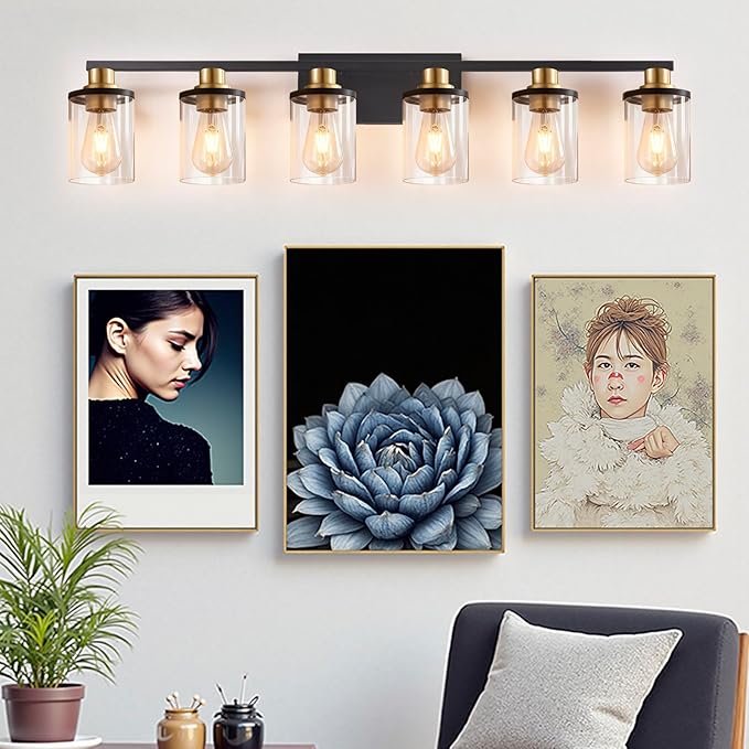 Modern 6-Light Bathroom Vanity Light Fixtures Over Mirror, Black Wall Lamp for Over Sink Bathroom，Farmhouse Wall Sconces with Clear Glass Shade for Bedroom,Living Room