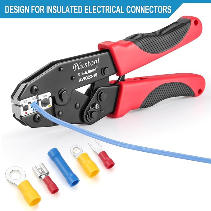 Crimping Tool for Insulated Electrical Connectors AWG 22-10 - Ratcheting Wire Terminal Crimper - Crimping Pliers - Crimper Tool Electrical - Crimp Tool