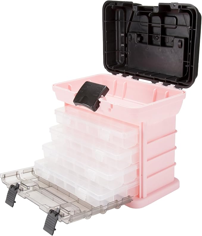 Portable Tool Box - Small Parts Organizer with Drawers and Customizable Compartments for Hardware, Fishing Tackle, Beads, or Crafts by Stalwart (Pink)