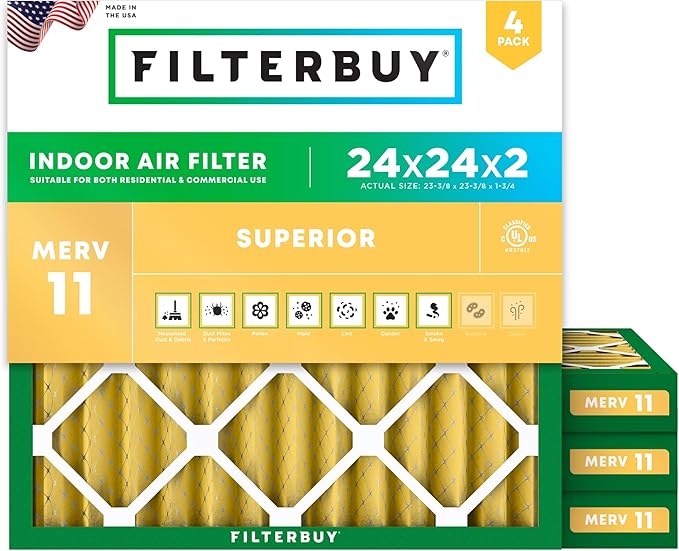 Filterbuy 24x24x2 Air Filter MERV 11 (MPR 1200) Allergen Defense Replacement (4-Pack), Electrostatic Pleated HVAC AC Furnace Filters, Made in USA (Actual Size: 23.38 x 23.38 x 1.75)