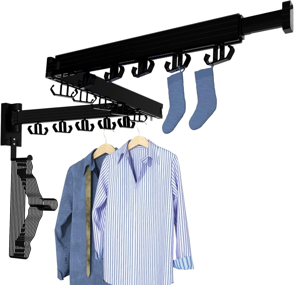 Clothes Drying Rack, Wall Mounted Laundry Drying Rack, Upgrade 3-Fold Foldable Collapsible Retractable Clothing Drying Rack with 12 Dual Hooks Organization for Laundry Room Indoor- Black