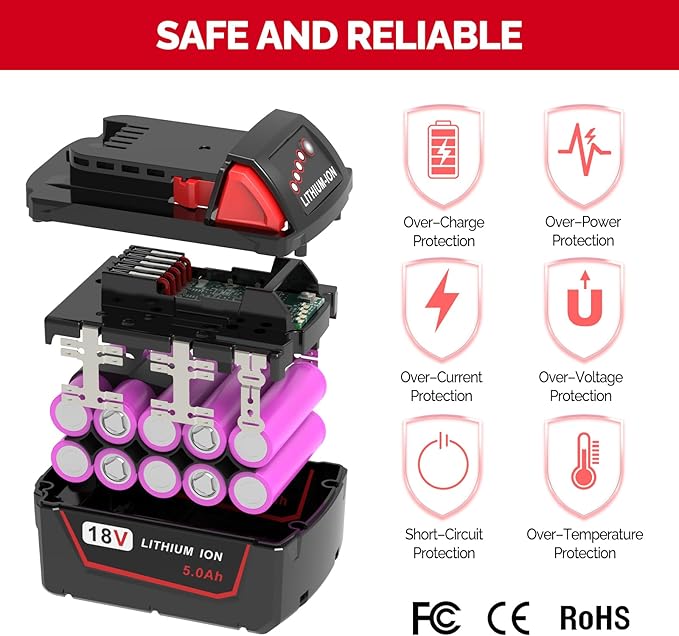 18V 5.0Ah Extended Capacity Battery Replacement for Milwaukee M18 Battery Lithium lon 48-11-1850 Compatible with Milwaukee 18V Cordless Tools 2 Packs