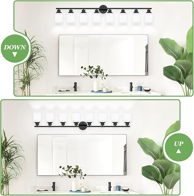 8-Light Vanity Lights, Black Bathroom Light Fixture with Striped Textured Milky White Glass Shade, Modern Vanity Lighting Fixture for Bathroom Wall Light Over Mirror, E26 Wall Sconce