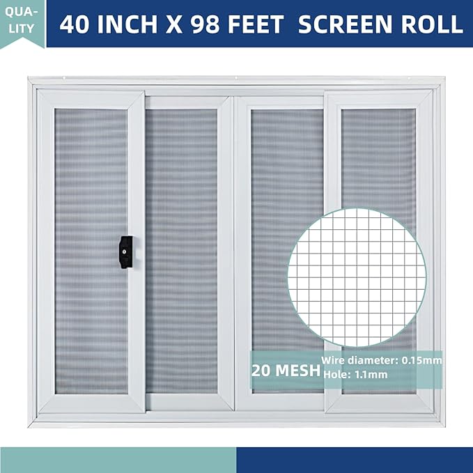 Nisorpa 304 Stainless Steel Woven Wire Mesh 40 Inch x 98 Feet Window Screen Security Mesh Roll Replacement for Balcony Porch Cabinets, Poultry Netting Cage Fence - 20 Mesh 0.15mm Wire Dia