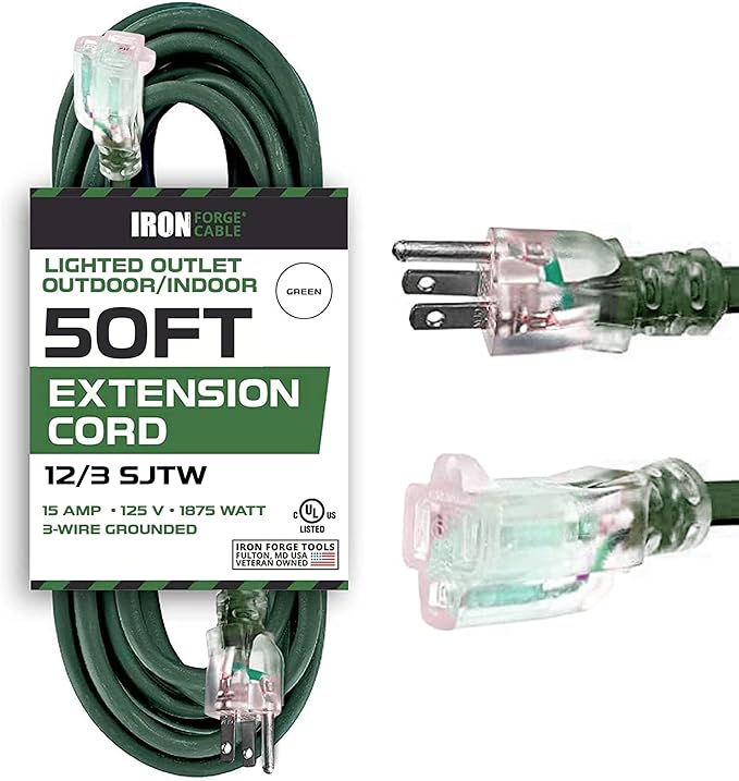 Iron Forge Cable 50 Foot Outdoor Extension Cord,12/3 SJTW Heavy Duty Green Extension Cable with 3 Prong 50 ft, Weatherproof Cord for Major Appliances, Landscaping, Gardens & Outdoor Lights Decoration