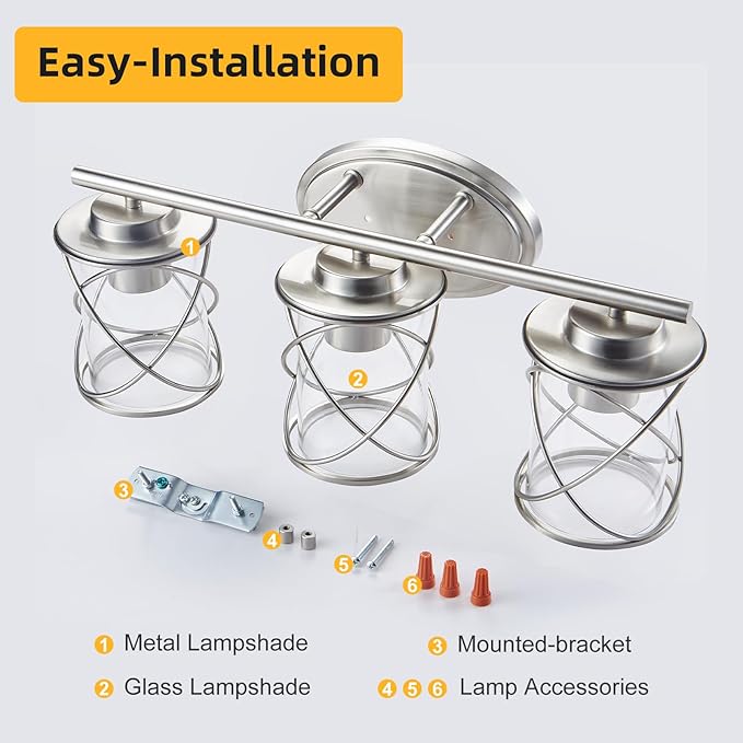 mavcadonf 3-Lights Bathroom Vanity Lights, Bathroom Light Fixtures Over Mirror, Brushed Nickel Vanity Light, Farmhouse Wall Lights with Clear Glass Shade, Bathroom Wall Lamp for Mirror Kitchen Bedroom