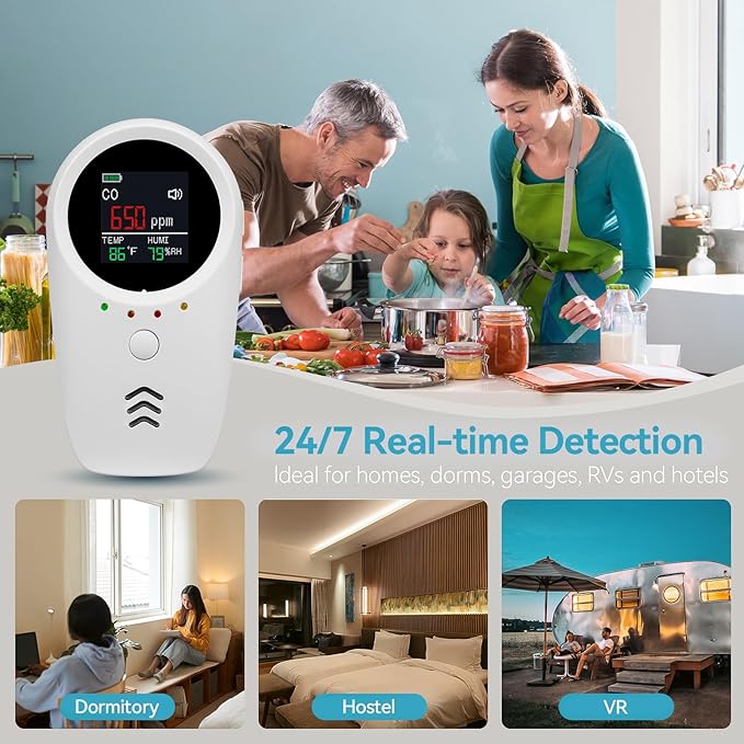 5-in-1 Carbon Monoxide Detectors,Combustible Gas Detector,Plug-in & Built-in Backup Battery,Monitoring CO,Natural Gas,Temperature and Humidity,Clear LCD Screen Sound Light Dual Alarm Detector