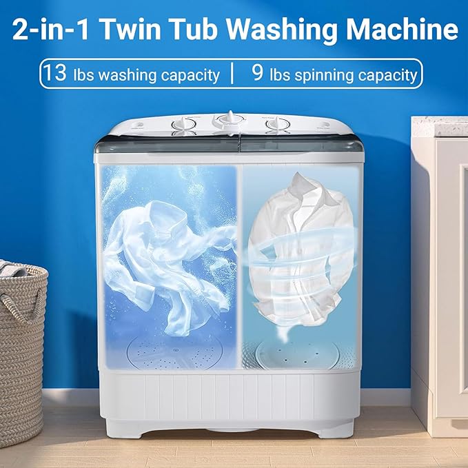 Portable 22 lbs Twin Tub Washing Machine with Drying Rack, 13 lbs Washer Mini Compact Laundry Machine and 9 lbs Spinner, Semi-automatic Washer Combo for Dorms, Apartments