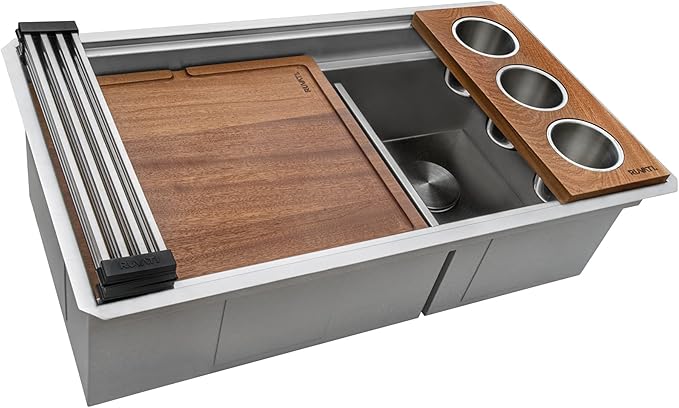 Ruvati 33-inch Workstation Kitchen Sink - Dual Tier Double Bowl Kitchen Sink - Low Divide Undermount Sinks - 16 Gauge Stainless Steel Kitchens Sinks - RVH8255