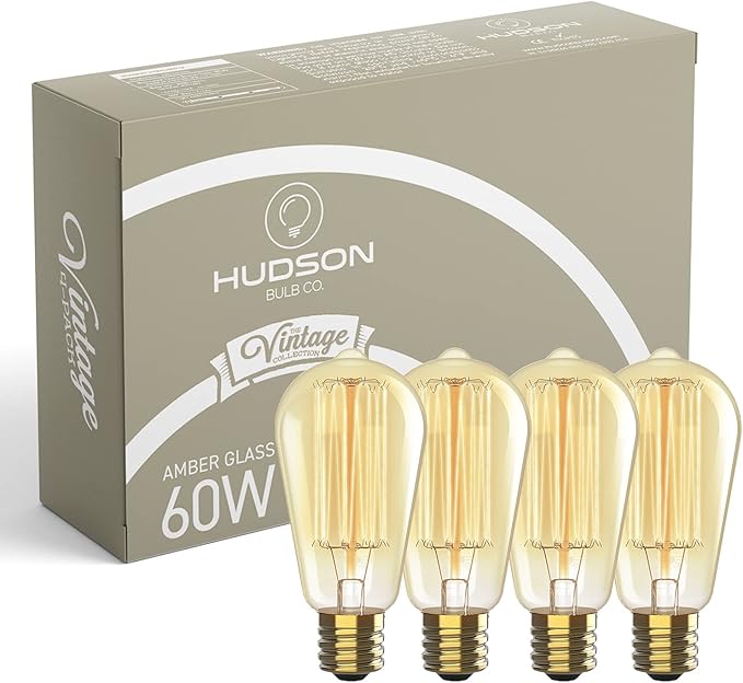 Hudson Vintage Incandescent Edison Decorative Light Bulbs 4-Pack - 60W, 2100K Dimmable, E26/E27 ST64 Warm Antique Squirrel Filament Amber for Indoor Outdoor - Lightbulb - Outdoor Light