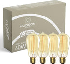 Hudson Vintage Incandescent Edison Decorative Light Bulbs 4-Pack - 60W, 2100K Dimmable, E26/E27 ST64 Warm Antique Squirrel Filament Amber for Indoor Outdoor - Lightbulb - Outdoor Light