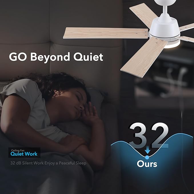52 Inch Ceiling Fans with Lights and Remote, White Ceiling Fan with 5 Blades, 6 Speed Reversible DC Motor, 3CCT Dimmable LED, Modern Design for Bedroom, Living room & Covered Outdoor,Includes Downrod