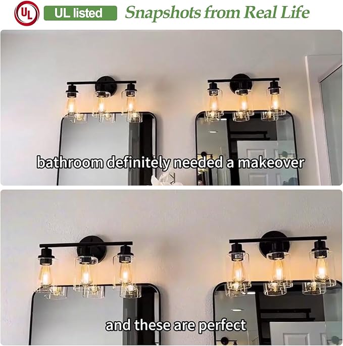 3-Light Bathroom Light Fixtures, 17.23" Black Modern Vanity Lights with Clear Glass Shade, Bathroom Wall Lamp for Mirror Kitchen Living Room Hallway Cabinet Porch