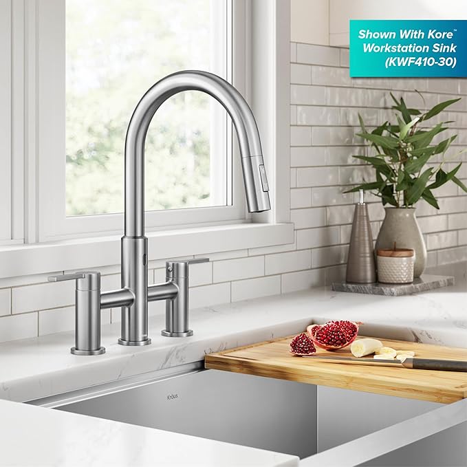 KRAUS Oletto Touchless Sensor Bridge Kitchen Faucet with Pull-Down Sprayhead in Spot-Free Stainless Steel, KSF-3122SFS