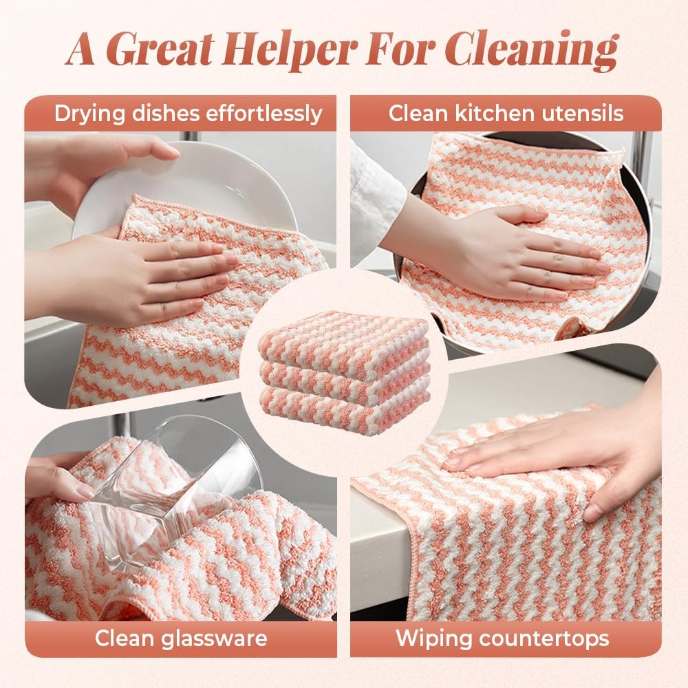 Coral Fleece Striped Rag Cleaning Dish Cloth, Reusable and Washable Microfiber Cleaning Rag, Absorbent Streak Free Lint Free Rags, Kitchen Clean Towels for Scrubs Dishes, Sinks Cleans (Green, 5PCS)