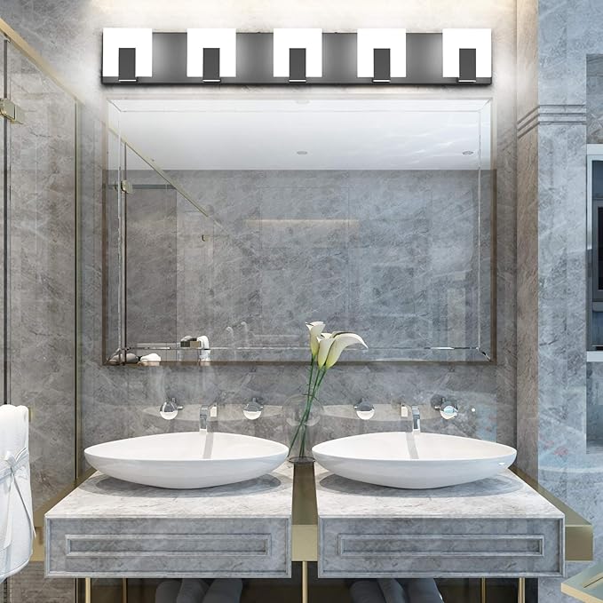 Aipsun 5 Lights Modern Black Vanity Light Up and Down Black Bathroom Lighting Fixtures LED Bathroom Wall Light Over Mirror 6000K