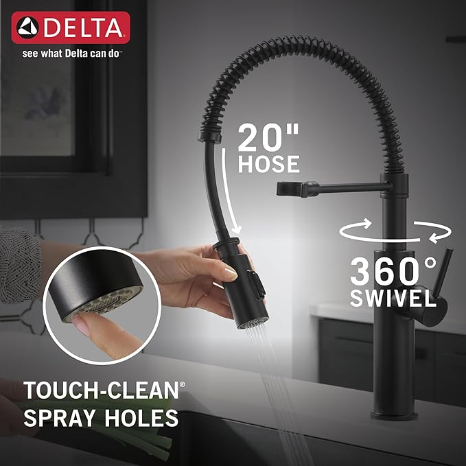 Delta Antoni Pro Style Commercial Kitchen Faucet with Pull Down Sprayer, Single Hole Matte Black Kitchen Sink Faucet, Single Handle, Matte Black 18803-BL-DST