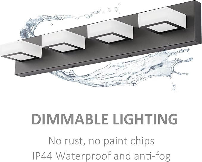 Ralbay Black Vanity Light Dimmable 4 Lights LED Modern Bathroom Vanity Lighting Fixtures Modern Stainless Steel Acrylic Rotable 360° Vanity Wall Light Over Mirror