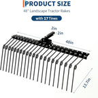 Tow Behind Landscape Rake, 48" Tow Dethatcher with 17 Steel Coil Tines, Lawn Dethatcher Rake Attaches to 48" or 60" Toolbars and 3-Point Suspension Systems, for Leaves, Pine Needles, and Grass, Black