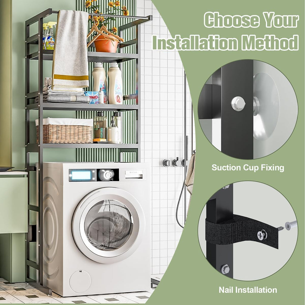 Dryer Storage Shel andf Over The Washer - Adjustable 4-Tier Heavy Duty Laundry Room Organizer, All Carbon Steel Standing Shelf with Hanging Rod, Anti-Tip Design, Super Stable 29.93" L x 11" D x 73" H