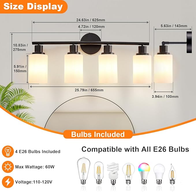 DLLT 4-Light Bathroom Light Fixtures: Black Modern Vanity Lights with E26 Bulbs - Milky White Glass Shade Bathroom Wall Lamp for Mirror Kitchen Living Room Hallway Cabinet Porch