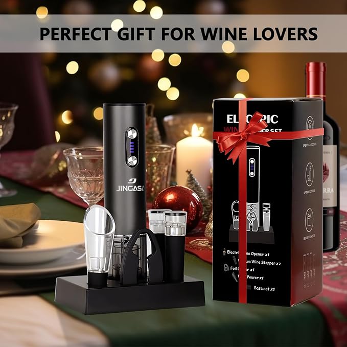 Electric Wine Opener Set – Rechargeable Wine Bottle Opener Kit with Foil Cutter, Vacuum Stoppers, and Wine Pourer – Best Wine Gift Set, Fancy Wine Opener for Wine Lovers and Parties
