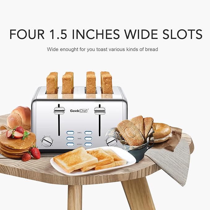 Toaster 4 Slice, Geek Chef Stainless Steel Toaster with Extra Wide Slots，4 Slot Toaster with Bagel/Defrost/Cancel Function, Dual Control Panel of 6 Toasting Bread Shade Settings, Removable Crumb Trays, High Lift Lever, ETL