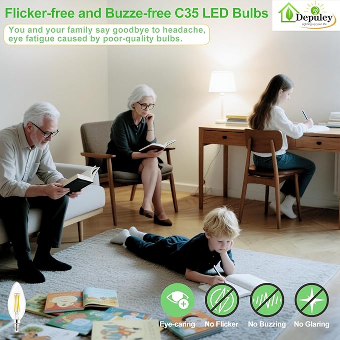 Depuley LED Light Bulbs E12: 6-Pack Candelabra Candle Light Bulb 4W Equivalent 40W - Edison Vintage Bulbs Daylight 5000K C35 Clear Bulb 500 LM 80+CRI Non-Dimmable
