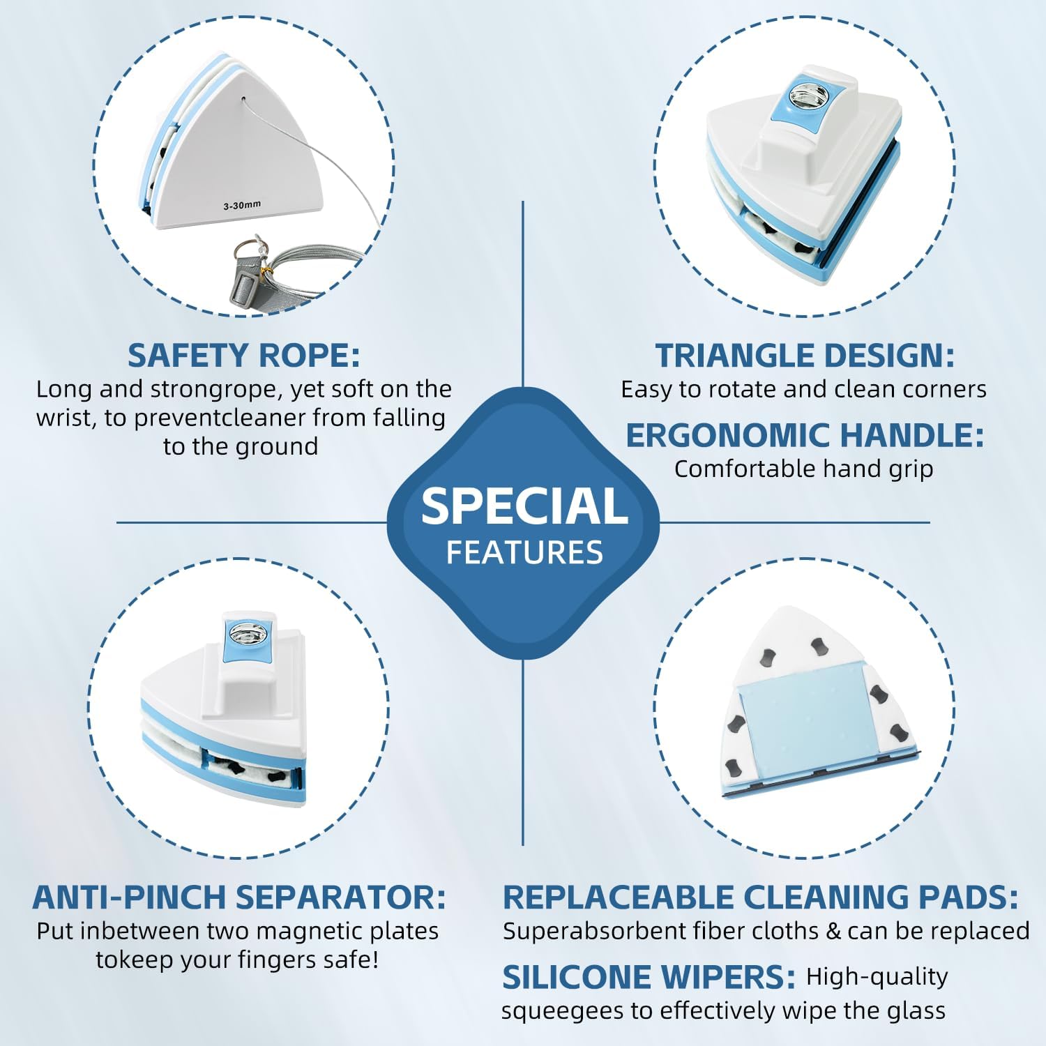 Double-Sided Magnetic Window Cleaner, Adjustable Magnetic Double Window Wiper, Equipment Cleaning Brush Tool, Suitable for 3-30mm Thickness of High-Rise and Automotive Glass Windows (1, Blue)