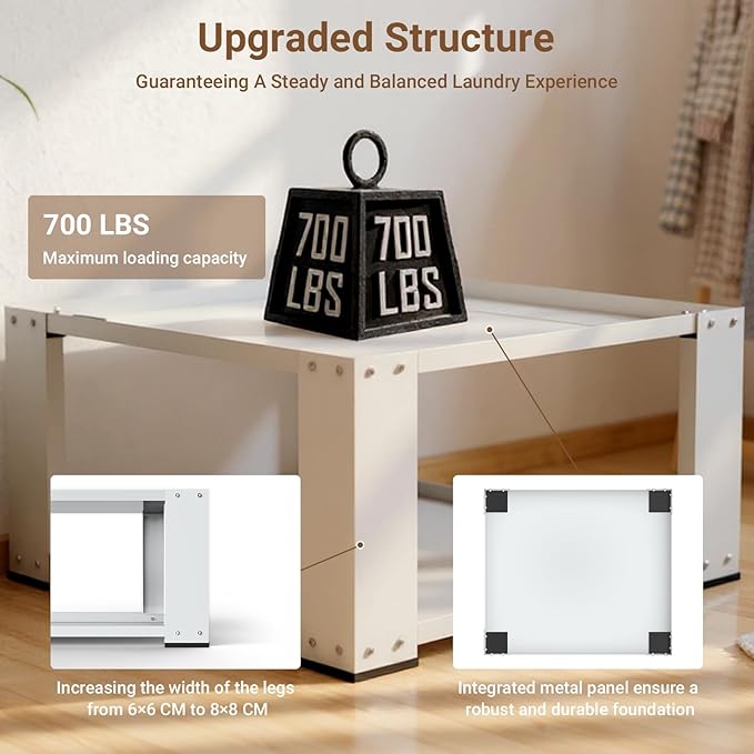 SKM Universal Washer & Dryer Pedestal for 27" & 28" Machines | Heavy-Duty Steel, 700LB Capacity | 15.7" Height, Anti-Slip & Shock-Absorbing, White