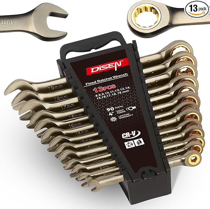 DISEN 13pcs 90-Teeth Ratchet Wrenches Set, Fixed Head Metric Ratcheting Wrench Set 6, 8, 9, 10, 11, 12, 13, 14, 15, 16, 17, 18, 19MM, Cr-V Constructed, Nickel Plating with Organizer