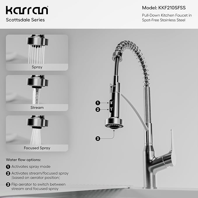 Karran Scottsdale Commercial Style Pull-Down Kitchen Faucet with Sprayer, Spot-Free Stainless Steel, High Arc Single Handle Pre-Rinse Spring Faucet