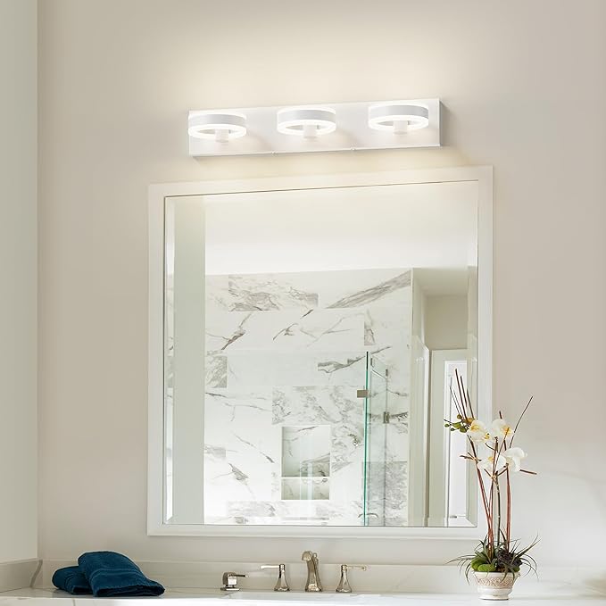 LED Bathroom Light Fixtures, 24inch White Vanity Lights, Modern 3 Light Acrylic Wall Sconces, 350° Rotatable Wall Lighting Fixture Over Mirror