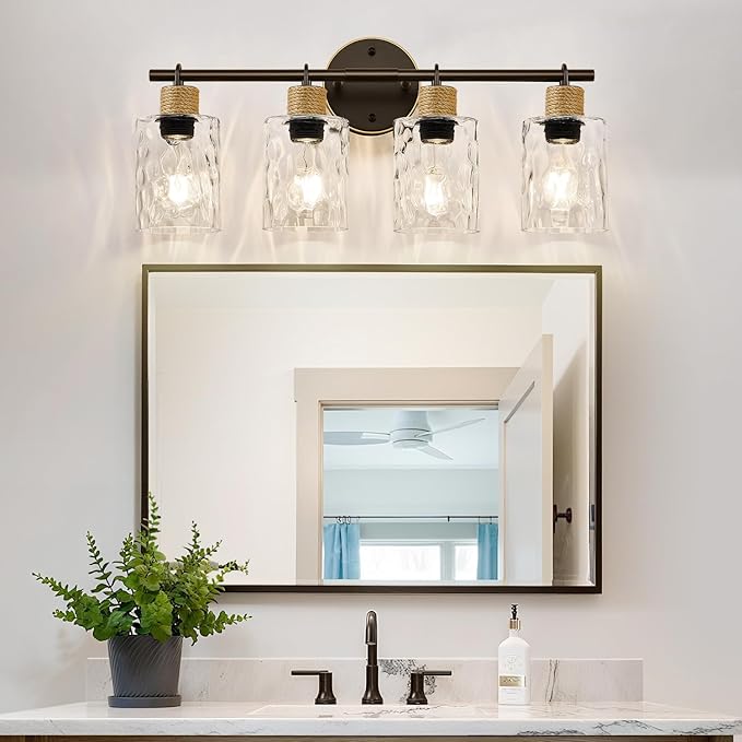 2025 Upgrade Bathroom Light Fixtures, 4-Light Coastal Vanity Lights with Crystal Glass Shade, Oil-Rubbed Bronze Bathroom Wall Lamp for Mirror Kitchen Hallway Cabinet