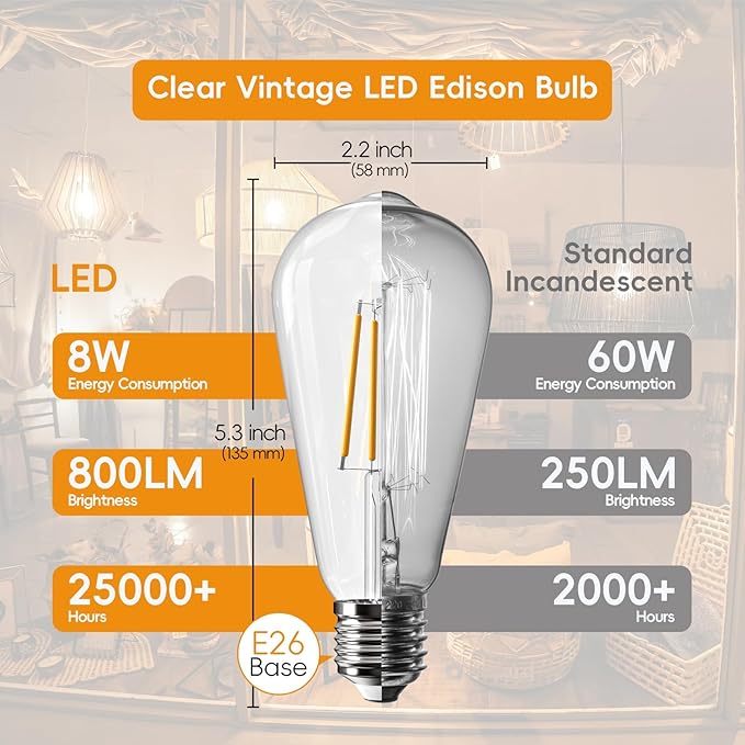 Jensense LED Edison Light Bulbs 8 Watt Dimmable 5000K Daylight White, E26 60 Watt Equivalent, Vintage Bulbs 800lm CRI 90 Clear Glass 32 Pack
