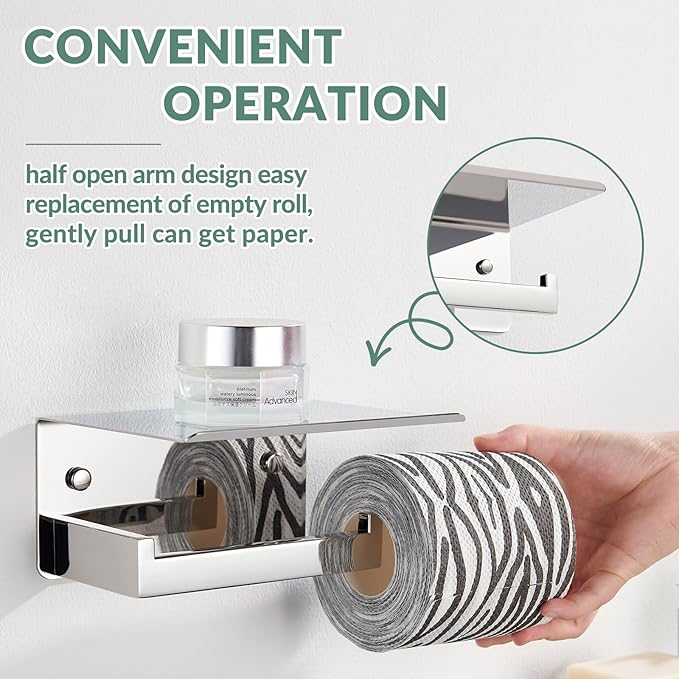 Toilet Paper Holder with Phone Shelf Polished Chrome, APLusee Bathroom Accessories 304 Stainless Steel Tissue Roll Dispenser Storage Wall Mounted