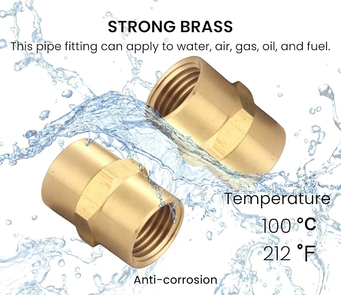 Brass Coupling 1/4 Inch NPT Female x 1/4 Inch NPT Female Hex Head Pipe Fitting, Compressor connector fnpt to fnpt Coupler, Air Hose Adapter Fittings, Thread 0.5" ID to 0.5" ID, 4 Pcs