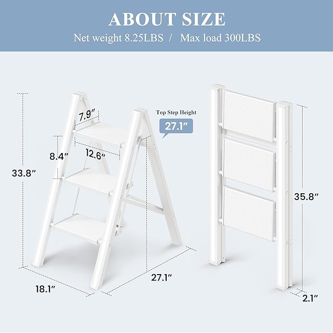 GameGem 3 Step Ladder, Folding Step Stool with Wider Pedal, Anti-Slip Feet & Non Slip Stripes, Aluminum Sturdy Material, 300Lbs Capacity, Elegant Look of Modern White Better Matches Your Home