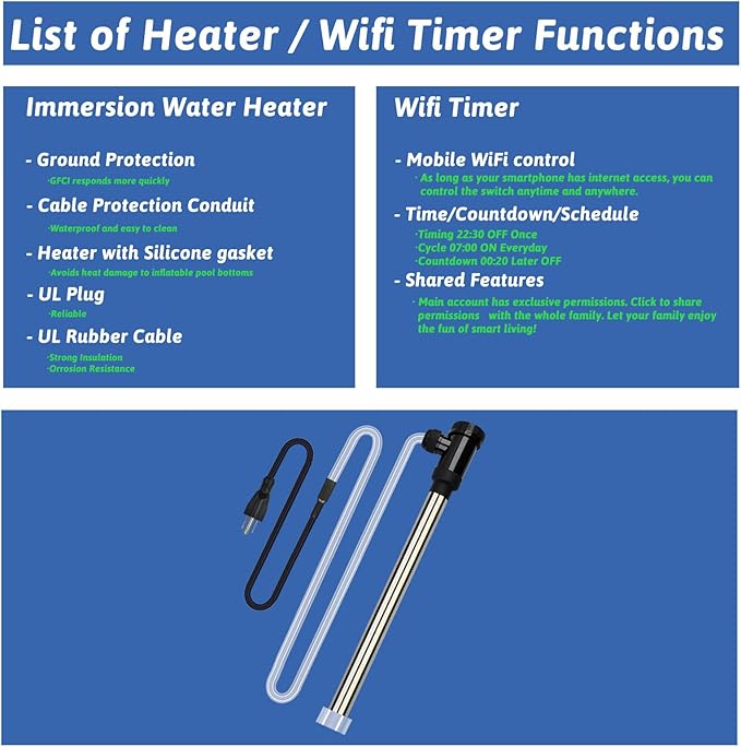 3500W 240V Immersion Water Heater Portable Electric Pool and Hot Tub Submersible Water Heater with WiFi Timer and Auto Shut for Bathtub, Spa, Swimming pool, above ground pool and baptism pool