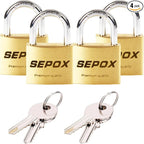 SEPOX® 4 Pcs 30mm Solid Brass Padlock with Same 4 Keys, Heavy Duty & Compact Body 30mm 1-3/16", Small Lock & Key with Big Handle, Keyed Alike for gate, Gym Locker, Hasp, Tool Box