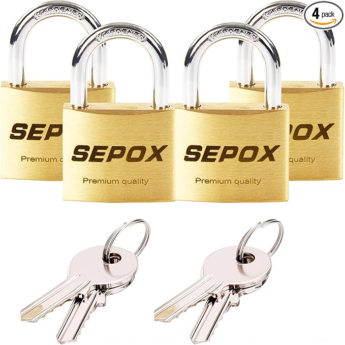 SEPOX® 4 Pcs 30mm Solid Brass Padlock with Same 4 Keys, Heavy Duty & Compact Body 30mm 1-3/16", Small Lock & Key with Big Handle, Keyed Alike for gate, Gym Locker, Hasp, Tool Box