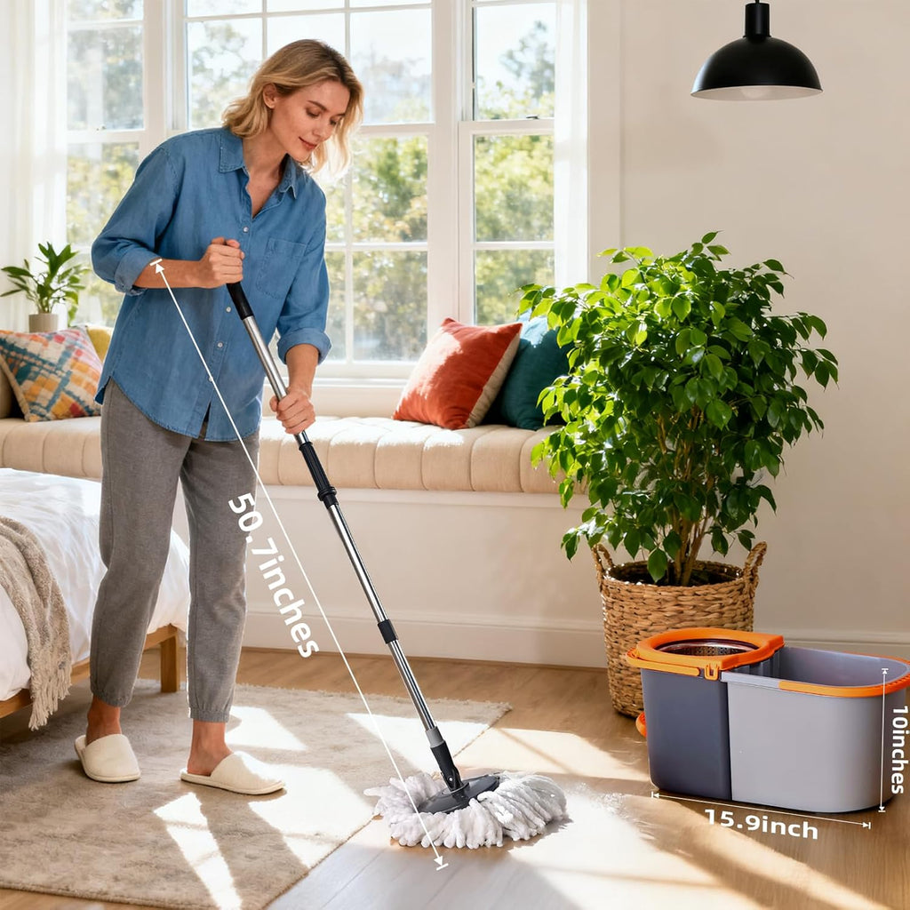 Spin Mop and Bucket Set,Detachable Double Buckets Separate Dirty Water with Stainless Steel Wringer for Floor Cleaning,Cleaning Buckets with 4 Mop Head Replacements for Household Use