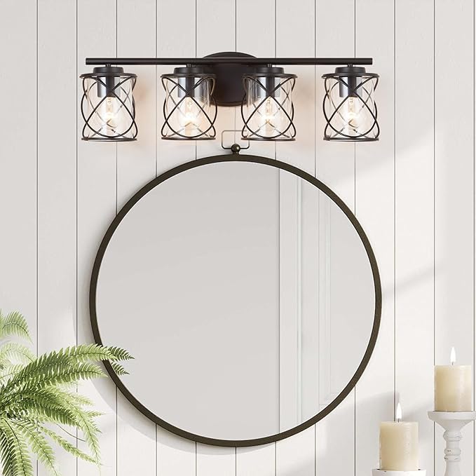 4-Lights Bathroom Light Fixtures, Matte Black Modern Vanity Light Over Mirror, Bathroom Wall Lamp for Mirror Kitchen Living Room Hallway Porch, Farmhouse Wall Lights with Clear Glass Cage Shade