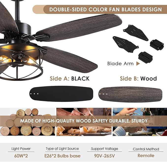52" Black Ceiling Fan with Light & Remote, Timer, 5 Wood Blades - Rustic Flush Mount Fandelier, 6-Speed Reversible, Indoor/Outdoor for Bedroom, Living Room, Kitchen, Patio
