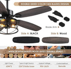 52" Black Ceiling Fan with Light & Remote, Timer, 5 Wood Blades - Rustic Flush Mount Fandelier, 6-Speed Reversible, Indoor/Outdoor for Bedroom, Living Room, Kitchen, Patio